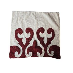 Square Feathers Linen Pillow Cover With Red & White Ornamental Design 20x20